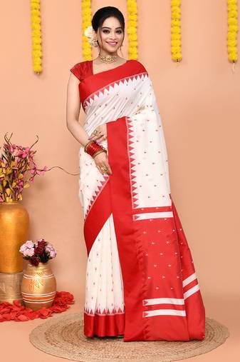 white gadowal silk blend saree with running blouse piece with red border