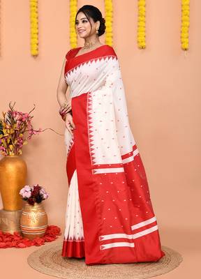 white gadowal silk blend saree with running blouse piece with red border 2