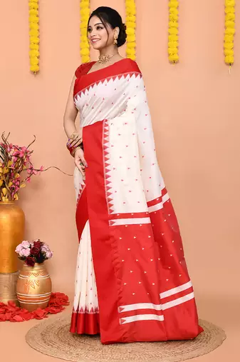 white gadowal silk blend saree with running blouse piece with red border