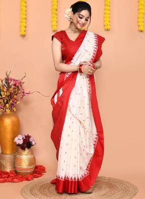 white gadowal silk blend saree with running blouse piece with red border 3