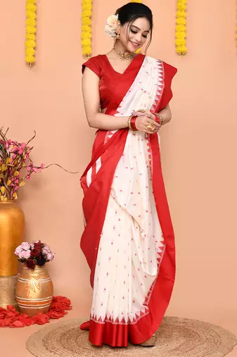 white gadowal silk blend saree with running blouse piece with red border