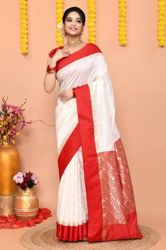 white gadowal silk blend saree with running blouse piece with red border
