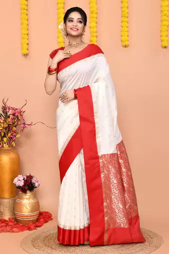 white gadowal silk blend saree with running blouse piece with red border