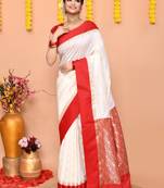 white gadowal silk blend saree with running blouse piece with red border