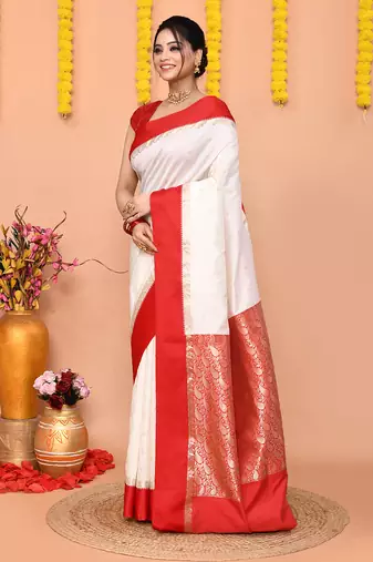 white gadowal silk blend saree with running blouse piece with red border