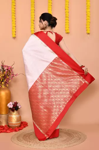 white gadowal silk blend saree with running blouse piece with red border