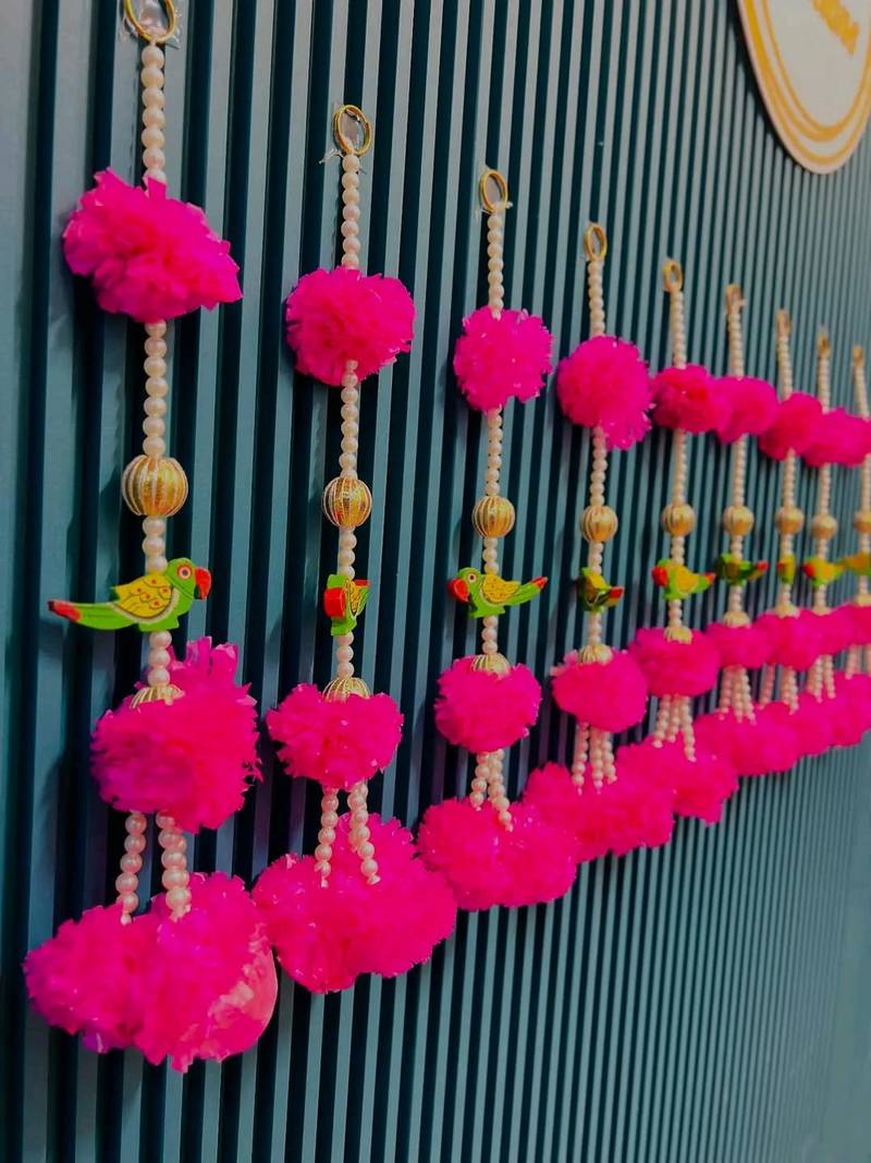 decorative pink genda with parrot hanginghandmade toran hanging for home decor (pack of 6)