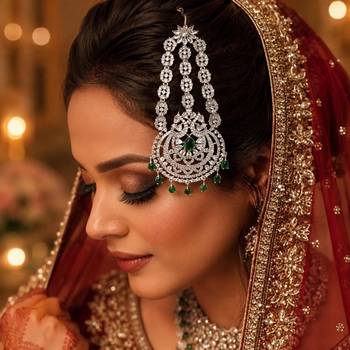 Elegant Silver-Plated Cubic Zirconia Jhumar Passa | Bridal Hair Accessory with Blue Accents 1