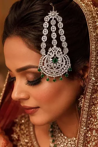 Elegant Silver-Plated Cubic Zirconia Jhumar Passa | Bridal Hair Accessory with Blue Accents