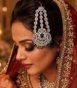 Elegant Silver-Plated Cubic Zirconia Jhumar Passa | Bridal Hair Accessory with Blue Accents