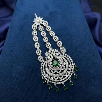 Elegant Silver-Plated Cubic Zirconia Jhumar Passa | Bridal Hair Accessory with Blue Accents 2