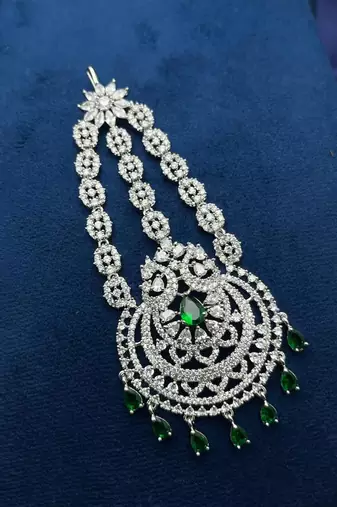 Elegant Silver-Plated Cubic Zirconia Jhumar Passa | Bridal Hair Accessory with Blue Accents