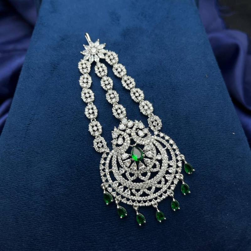 Elegant Silver-Plated Cubic Zirconia Jhumar Passa | Bridal Hair Accessory with Blue Accents