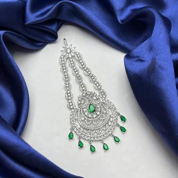 Elegant Silver-Plated Cubic Zirconia Jhumar Passa | Bridal Hair Accessory with Blue Accents 3
