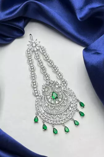 Elegant Silver-Plated Cubic Zirconia Jhumar Passa | Bridal Hair Accessory with Blue Accents