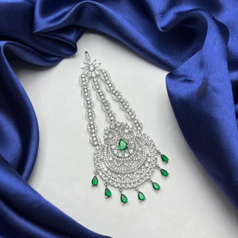 Elegant Silver-Plated Cubic Zirconia Jhumar Passa | Bridal Hair Accessory with Blue Accents