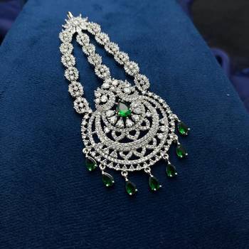 Elegant Silver-Plated Cubic Zirconia Jhumar Passa | Bridal Hair Accessory with Blue Accents 4