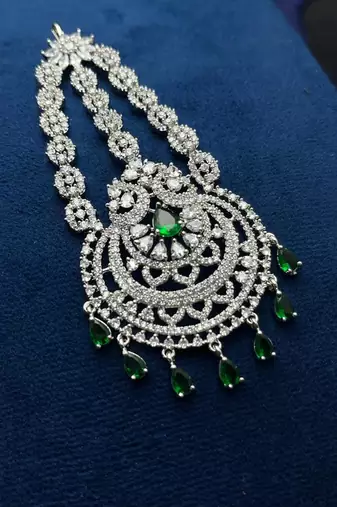 Elegant Silver-Plated Cubic Zirconia Jhumar Passa | Bridal Hair Accessory with Blue Accents