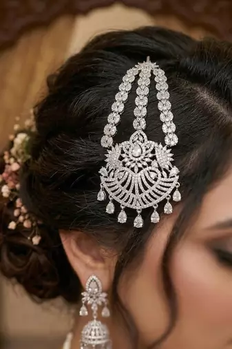 Silver Zircon Passa Jhumar – Pakistani Bridal Headpiece, Indian Wedding Statement Jewelry
