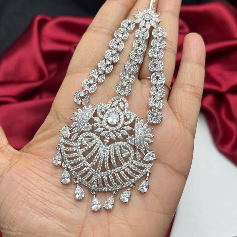 Silver Zircon Passa Jhumar – Pakistani Bridal Headpiece, Indian Wedding Statement Jewelry