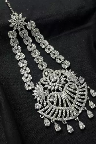 Silver Zircon Passa Jhumar – Pakistani Bridal Headpiece, Indian Wedding Statement Jewelry