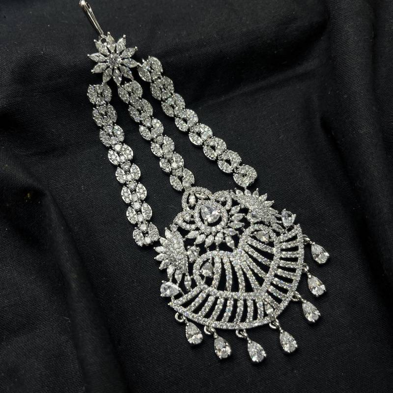 Silver Zircon Passa Jhumar – Pakistani Bridal Headpiece, Indian Wedding Statement Jewelry