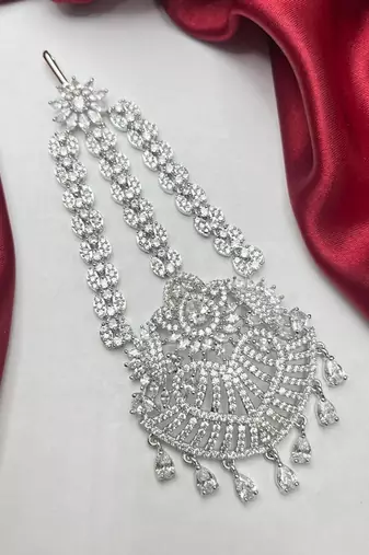 Silver Zircon Passa Jhumar – Pakistani Bridal Headpiece, Indian Wedding Statement Jewelry