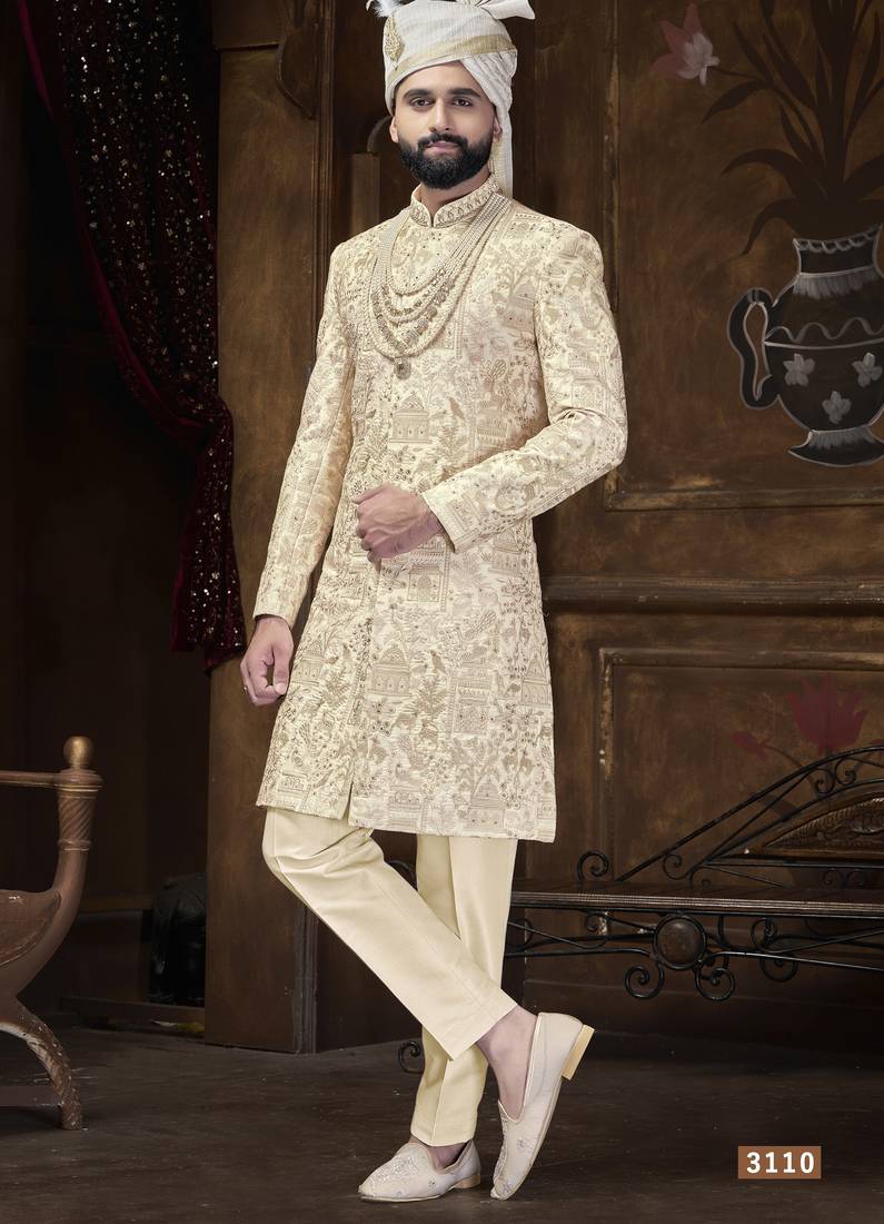 Cream sherwani rose gold touch for men | men's wedding wear