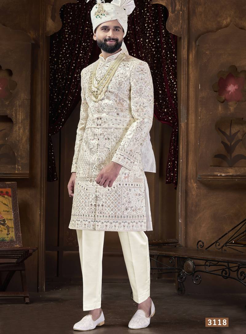 Off white sherwani for men | men's wedding wear