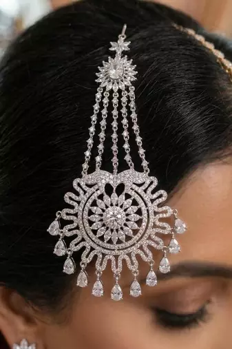 Silver-Finished Bridal Passa – Zircon Studded Jhumar Hair Jewelry for Weddings