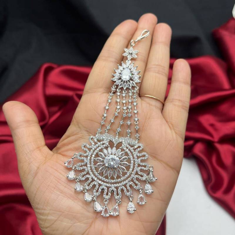 Silver-Finished Bridal Passa – Zircon Studded Jhumar Hair Jewelry for Weddings