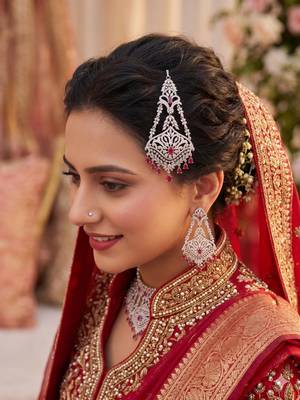 Silver Finish Jhumar Passa with Ruby Pink CZ Diamonds – Traditional Bridal Tikka Headpiece 1