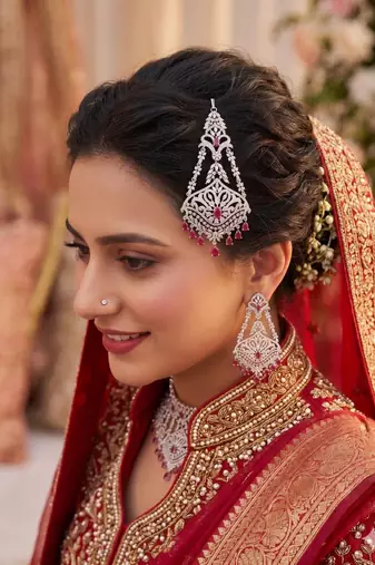 Silver Finish Jhumar Passa with Ruby Pink CZ Diamonds – Traditional Bridal Tikka Headpiece