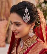 Silver Finish Jhumar Passa with Ruby Pink CZ Diamonds – Traditional Bridal Tikka Headpiece