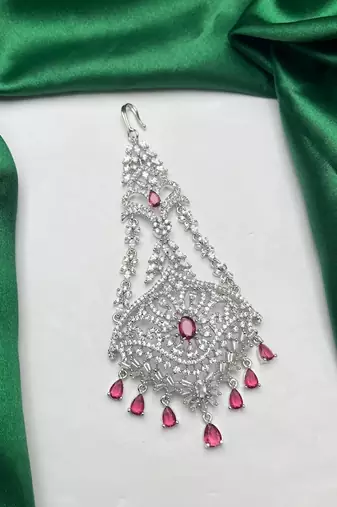 Silver Finish Jhumar Passa with Ruby Pink CZ Diamonds – Traditional Bridal Tikka Headpiece