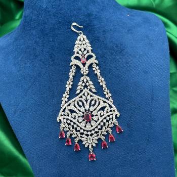Silver Finish Jhumar Passa with Ruby Pink CZ Diamonds – Traditional Bridal Tikka Headpiece 3