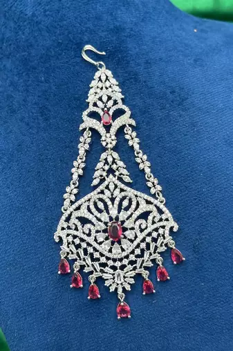 Silver Finish Jhumar Passa with Ruby Pink CZ Diamonds – Traditional Bridal Tikka Headpiece