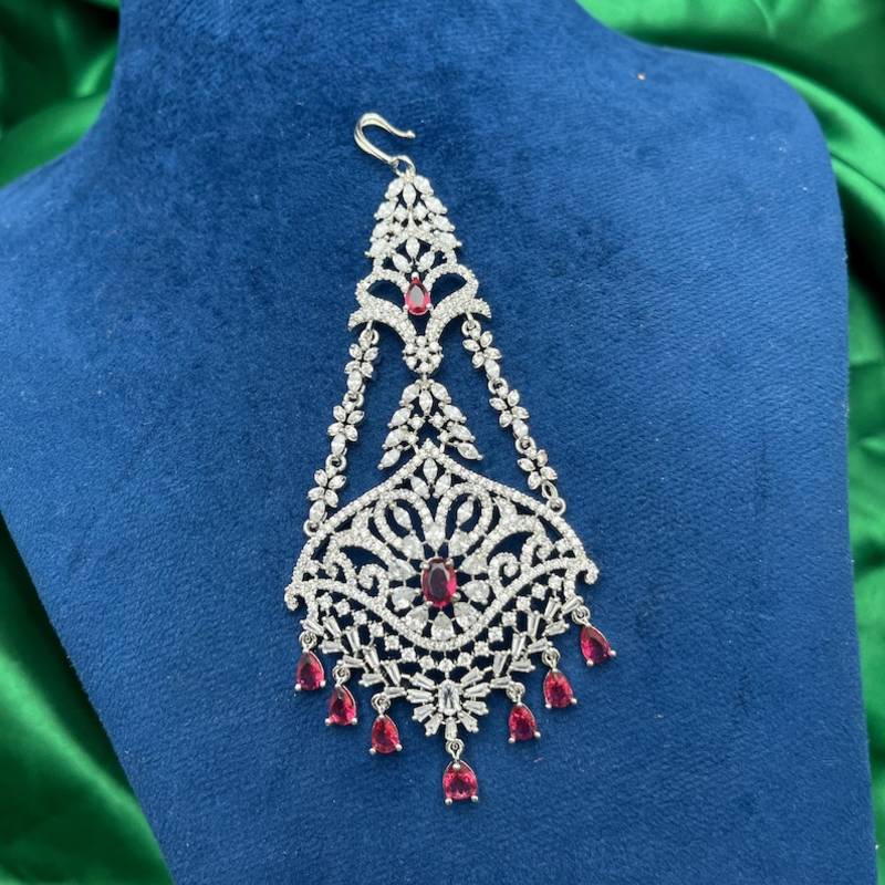 Silver Finish Jhumar Passa with Ruby Pink CZ Diamonds – Traditional Bridal Tikka Headpiece