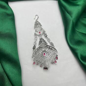 Silver Finish Jhumar Passa with Ruby Pink CZ Diamonds – Traditional Bridal Tikka Headpiece 4