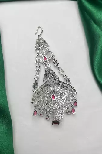 Silver Finish Jhumar Passa with Ruby Pink CZ Diamonds – Traditional Bridal Tikka Headpiece