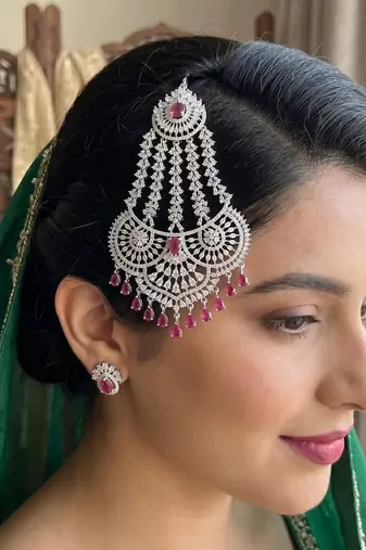Handmade Silver Cubic Zirconia Passa with Ruby Accents – Traditional Mughal Jhumar Headpiece