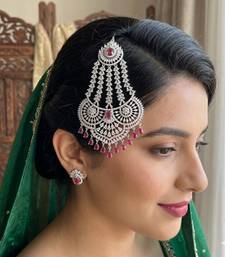 Handmade Silver Cubic Zirconia Passa with Ruby Accents – Traditional Mughal Jhumar Headpiece
