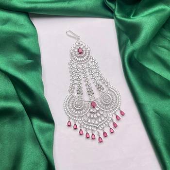 Handmade Silver Cubic Zirconia Passa with Ruby Accents – Traditional Mughal Jhumar Headpiece 2