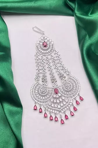 Handmade Silver Cubic Zirconia Passa with Ruby Accents – Traditional Mughal Jhumar Headpiece
