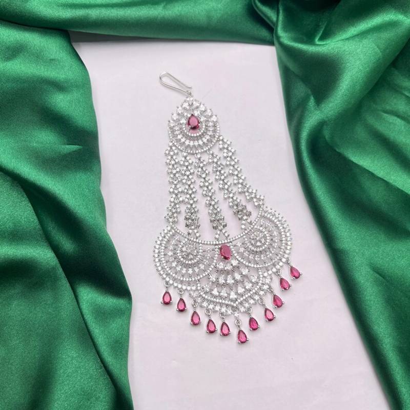Handmade Silver Cubic Zirconia Passa with Ruby Accents – Traditional Mughal Jhumar Headpiece