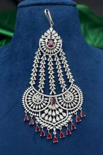 Handmade Silver Cubic Zirconia Passa with Ruby Accents – Traditional Mughal Jhumar Headpiece