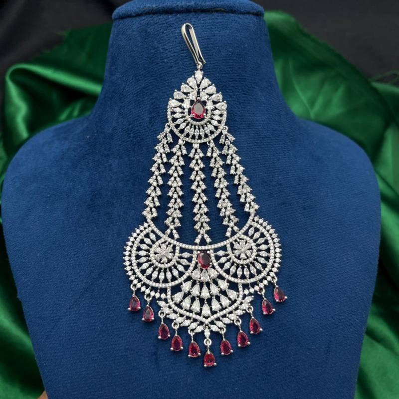 Handmade Silver Cubic Zirconia Passa with Ruby Accents – Traditional Mughal Jhumar Headpiece