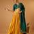 Green embroidered blouse with yellow flared lehenga with embroidered dupatta