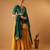Green embroidered blouse with yellow flared lehenga with embroidered dupatta