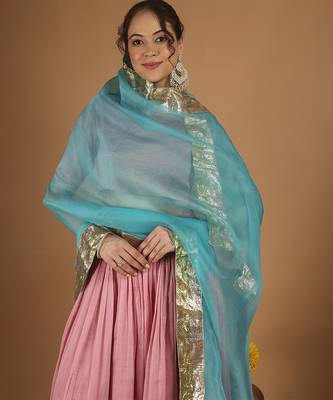 Light pink chanderi lehenga set with zari blouse & katan silk dupatta 2